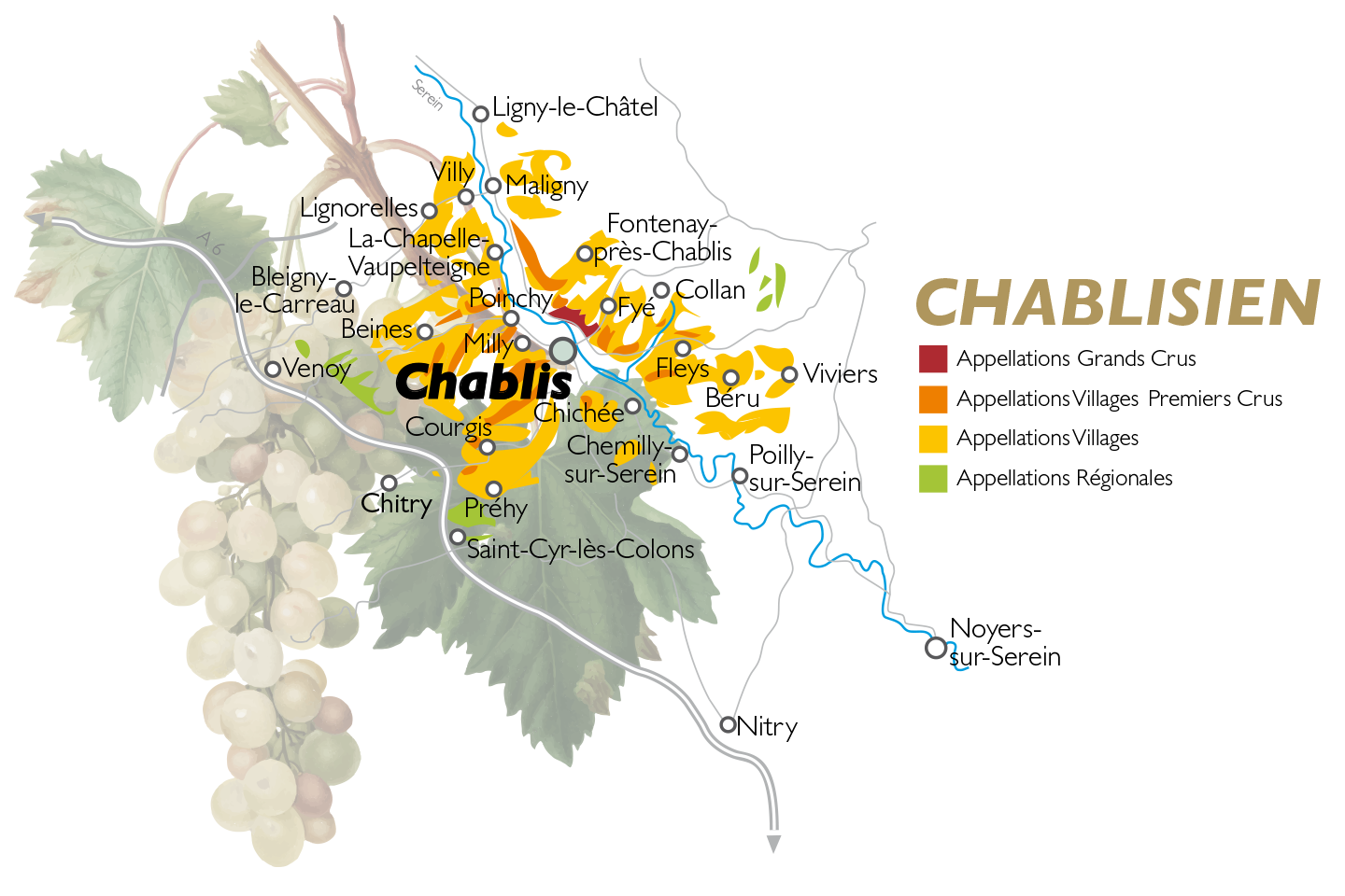 Kaart van de Chablis-appellaties met Grand Cru, Premier Cru en Villages ©BIVB