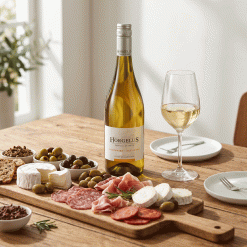 Fles Horgelus Colombard Sauvignon Blanc Gascogne bij een borrelplank met olijven, kaas en charcuterie