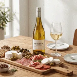 Fles Horgelus Colombard Sauvignon Blanc Gascogne bij een borrelplank met olijven, kaas en charcuterie