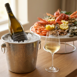 Fles Testut Chablis Grand Cru Grenouille in ijsemmer naast een plateau fruits de mer