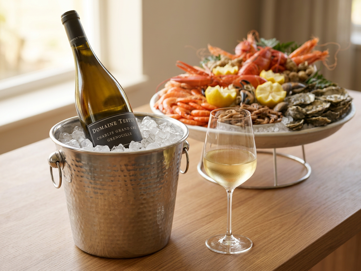 Fles Testut Chablis Grand Cru Grenouille in ijsemmer naast een plateau fruits de mer